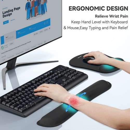 TECKNET Keyboard Wrist Rest and Mouse Pad with Wrist Support, Memory Foam Set for Computer/Laptop/Mac, Lightweight for Easy Typing & Pain Relief Ergonomic Mousepad (Black)