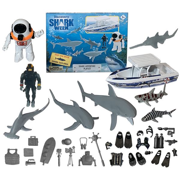 Shark Week Discovery Deep Ocean Explorer Big Toy Playset for Kids, Toy Boat Action Figure Scuba Diver Deep Sea Diver, Great White Shark, Hammerhead, Hand Painted, Eco Friendly, Officially Licensed