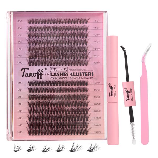 TUNOFF Lash Extension Kit DIY 300pcs Lash Clusters Sterile Production Patent,9-16mmhybrid 30D40DCurl Single eyelash kit,Lash Extension Kit with Eyelash Adhesive and Sealed Eyelash Forceps