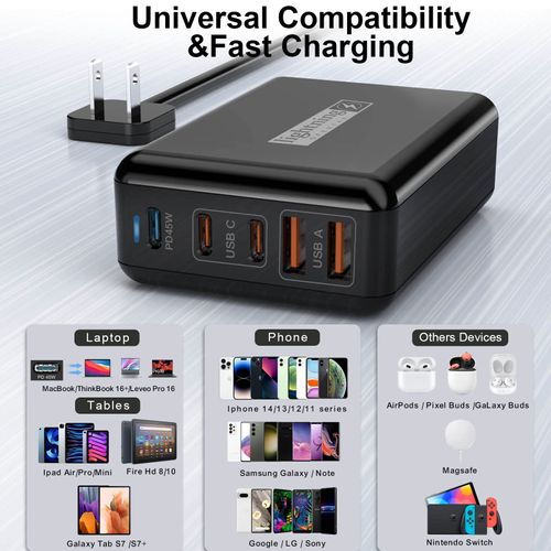 Fast Charger USB C 100W, 5 Ports Charging Blocks Ultra Thin Flat Plug, USB Charging Hub with 360° Rotated Adhesive Punch-Free Holder, Charging Station for Laptops, Tablets, Cellphones Stuff