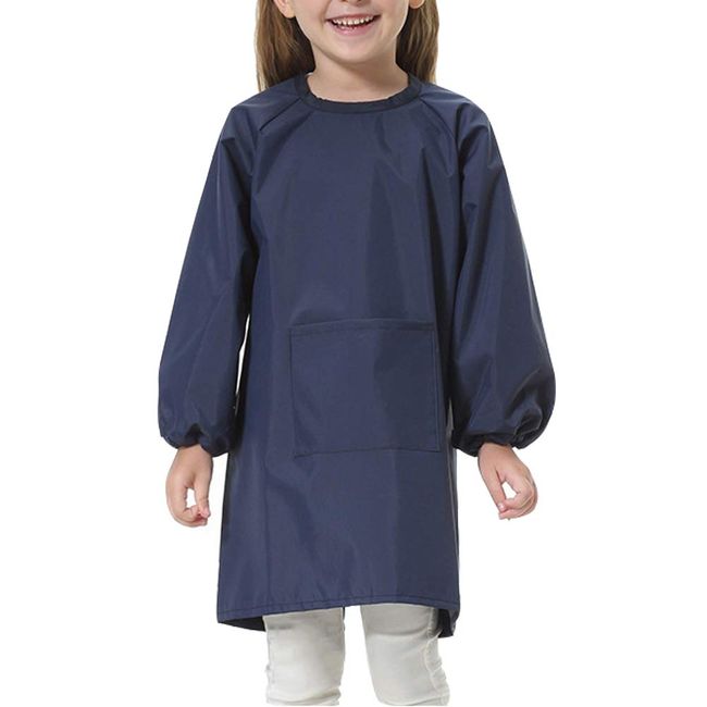 Emfay Smock Children's Plain Apron for Boys and Girls, Lunching, Drawing, Kindergarten, Nursery, 12 Colors, Navy, L