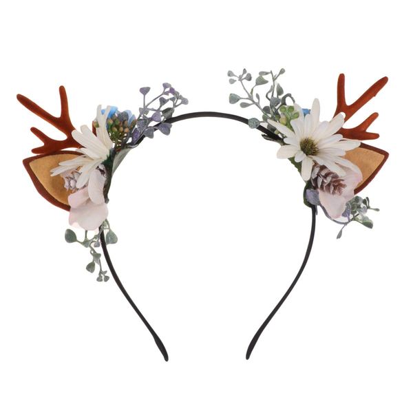 Deer Antler Flower Pine Cone Crown Floral Headbands Boho Headdress Party Headwear for Women Girls Style 2