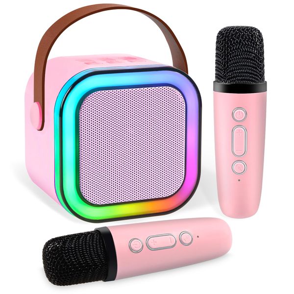 Mini Karaoke Machine for Kids Adults, Portable Bluetooth Speaker with 2 Wireless Microphones, Christmas Birthday Gifts Party Toys for Kids 4, 5, 6, 7, 8, 9, 10, 11, 12+ Years Old Girls Boys - Pink