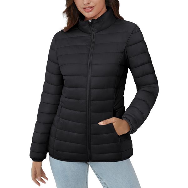 MAGCOMSEN Ladies Black Puffer Jacket Ultra-light Quilted 4 Pockets Water-resistant Long Sleeve Full-zip Winter Padded Coat, Black XL