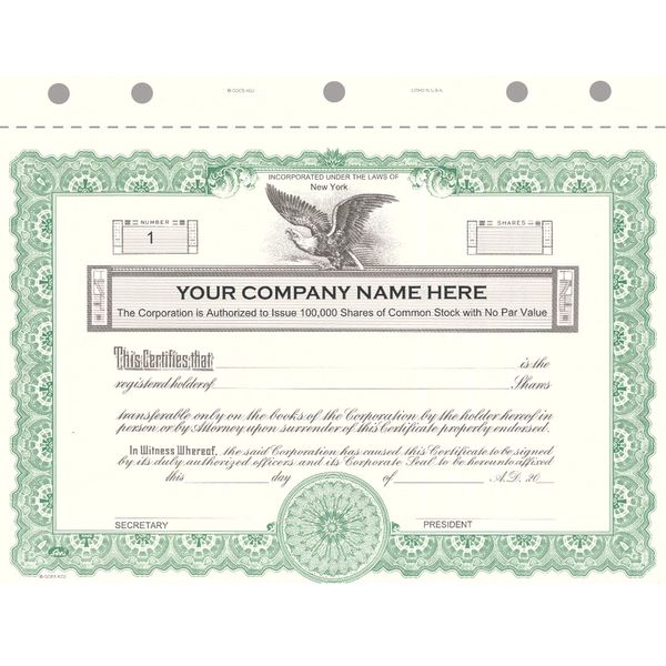 KG2 Custom Printed Stock Certificates, Green, 15-Pack