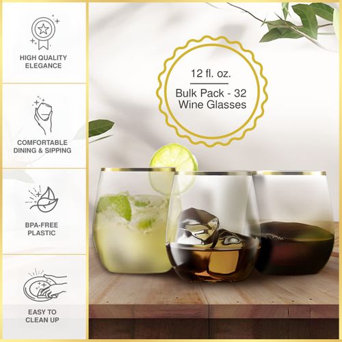 CHATEAU FINE TABLEWARE 32 Pack Stemless Plastic Wine Glasses Disposable 12 Oz Gold Rim - Shatterproof Recyclable and BPA-Free, Stylish Drinkware for all Beverages, Cocktail Parties, Wedding Reception