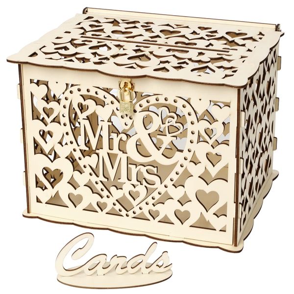 DARENYI Wedding Card Box Wooden Wedding Card Post Box with Lock Envelope Gift Box DIY Storage Money Baby Shower Birthday Party Favor