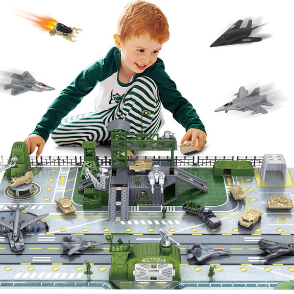 XDUOYJOY Army Toys, Military Airplane Tank Toy Sets with 13 Vehicles, Trucks, Helicopter, Fighter Jet, Play Mat with Army Men Action Figures and Accessories, Birthday Gift for Boys