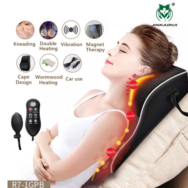 Electric Shiatsu Neck & Back Massager Car Cervical Spine Support Neck  Traction Pillow Kneading Vibration Airbag Cushion Massage