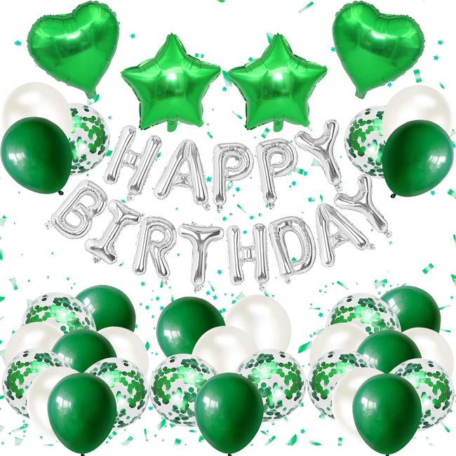 EXGOX Birthday Party Decorations + Balloons Set, Green, Happy Birthday Garland, Heart Balloons, for Boys and Girls (Green)