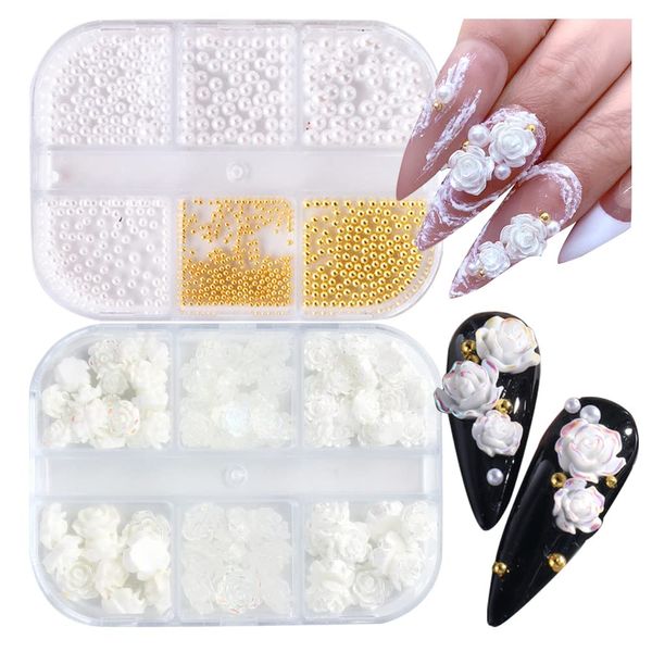 90 Pcs 5D Mixed White Flower Camellia Nail Art Set And 900 Pcs 3D Nail Art Supplies Round Pearls Caviar Beads Nails Charms Tips Nail Glitter Accessories for Women Acrylic Nail Art Decorations