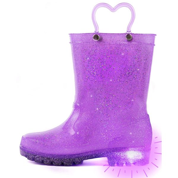 Outee Toddler Girls Rain Boots Little Kids Baby Light Up Glitter Waterproof Rubber Mud Shoes Lightweight Sparkle Purple Adorable with Easy-On Handles Non Slip (Size 12,Purple)