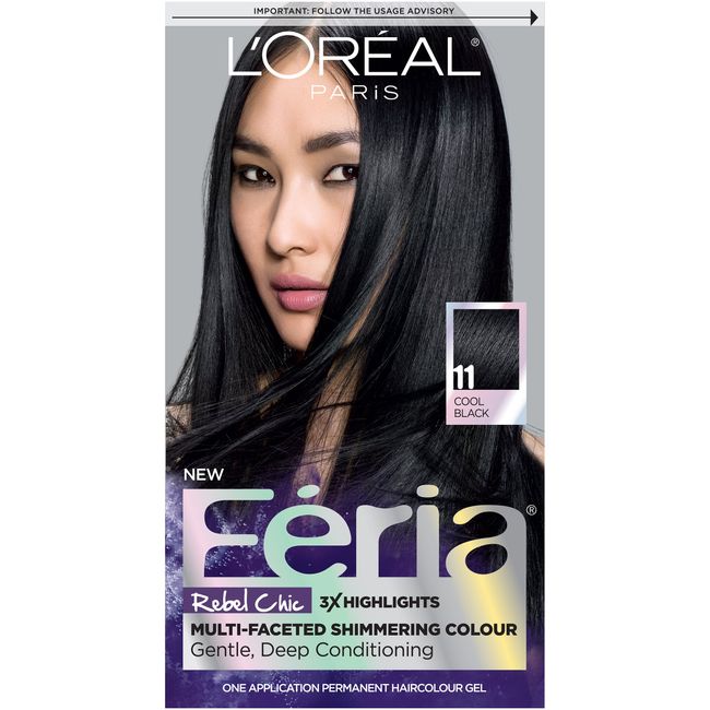 L'Oréal Paris Feria Multi-Faceted Shimmering Permanent Hair Color, 11 Black Fixation (Cool Black), 1 kit Hair Dye