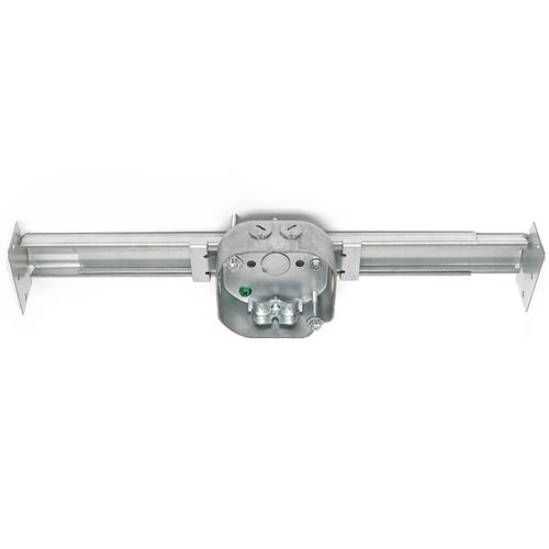 Ceiling Fan Mounting Bracket with Adjustable Bar Hanger, 1-1/2'' Deep, 2 NMSC Clamps, 2 1/2'' Knockouts, Fits 16-24 Inch Joist Spaces, Ground Screw, Electrical Box for Light Fixtures