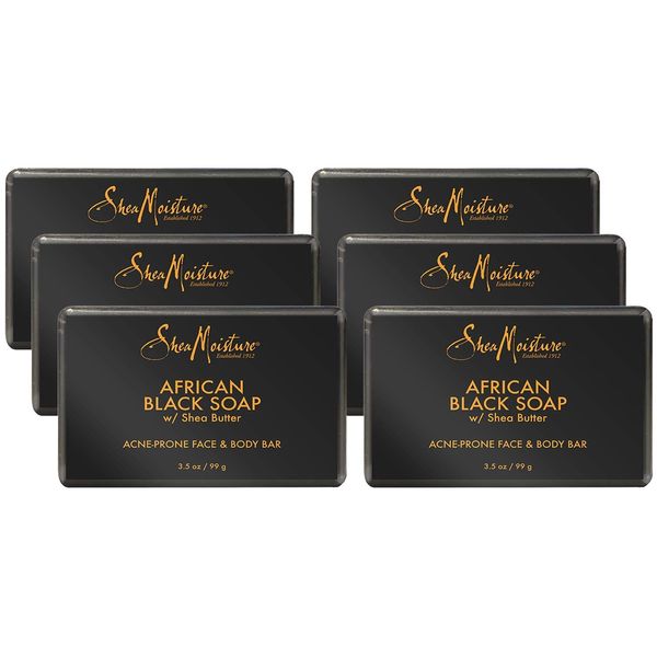 SheaMoisture African Black Soap with Shea Butter, Skin Care, Acne Prone Skin, African Black Soap Face Wash, Shea Moisture Soap, Authentic African Black Soap Bar for Face and Body (6 Pack – 3.5 Oz Ea)