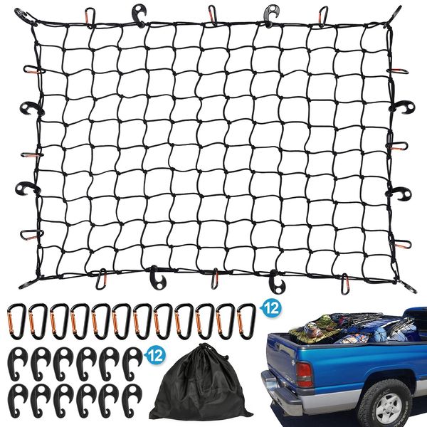 Kohree Cargo Net for Pickup Truck Bed, 3'x4' Stretches to 6'x8' for Trailer Trucks SUV Roof Rack, 3"x3" Mesh Heavy Duty Bungee Cargo Basket Net with 12 Metal Carabiners, 12 Hooks and 1 Storage Bag