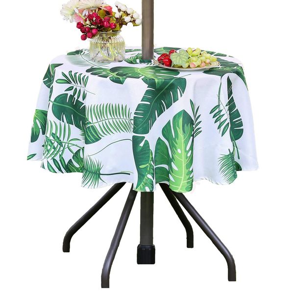 3E Home Patio Round Outdoor Tablecloth Waterproof with Umbrella/Parasol Hole and Zipper[60 inches (152 cm) Palm leaf]