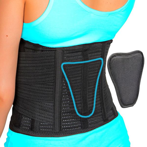 AVESTON Back Brace for Lower Back Pain Relief 6 ribs Belt with Lumbar Pad Support for Men/Women Light Thin Orthopedic Rigid Adjustable Brace Herniated Disc - Size 25 – 33 Inch Around Belly