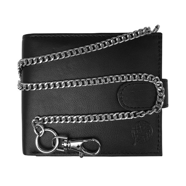 Roamlite R.F.I.D Blocking Mens Leather Wallet - 43cm Key Belt Chain - 4 Credit Card Slots - Buttoned Coin Pouch - 11 cm x9.5x2 RL506KRFID (Black R*F*I*D Blocking)