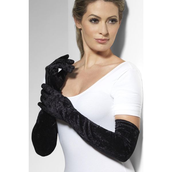 Smiffys Veloursamt Handschuhe Schwarz, Lang