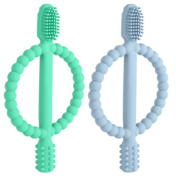 Aolso Baby Teething Toys,2PCS Sensory Chew Toys with Easy-Hold Handle, BPA Free Silicone Teether Chew Toy, Silicone Infant Toothbrush, Soothe Sore Gums, Teething Toys for Babies 3 Months（Blue-Green）