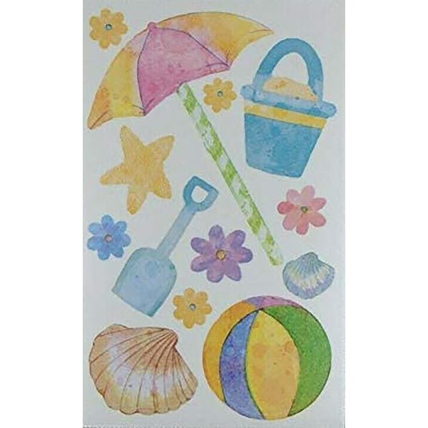 Stickers Funny Scrapbooking 4" x 6" Beach Fun Stickers Rare Sand Pail W Sand Shovel Beach Umbrella Ball