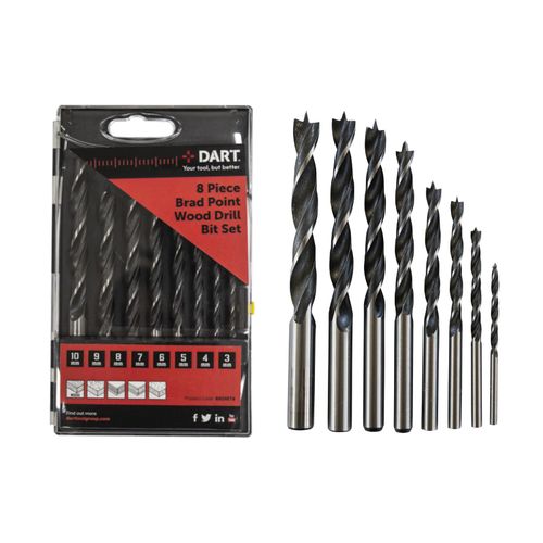 DART 8 Piece Brad Point Wood Drill Bit Set - High Grade Steel Drill Bits Sets Mixed Sizes (3mm, 4mm, 5mm, 6mm, 7mm, 8mm, 9mm, 10mm) - Professional Power Tool Accessories