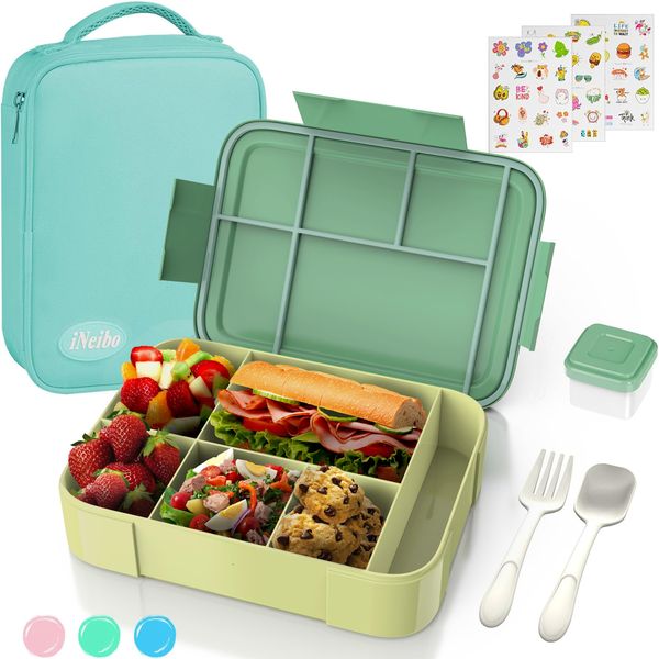 iNeibo Bento Box Lunch Box, 1330ML Bento Box for Kids Children with 6 Compartments Cutlery Set, Leak Proof Lunch Box for Kids Adults, Snack Box for School Kindergarten,Nursery, Office