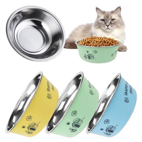 zhong 2 in 1 Cat Food Bowls, 3 Pcs Stainless Steel Cat Bowls With Non Slip Rubber Base, High Capacity Cat Food Bowl Water Bowl for Pets (Blue/Green/Yellow)