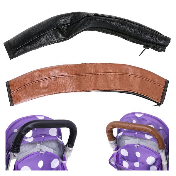 Leder Kinderwagen Griff,2 Stück Baby Kinderwagen Griff Abdeckung,Kinderwagen Griffbezug,Kinderwagen Griffabdeckung,Wasser- und staubdicht, passend für die meisten Kinderwagen (Schwarz + Braun)
