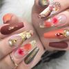 Carufin 24Pcs Crystal Peach Blossom False Nails Long Coffin Nail Acrylic False Nail Press on Nails Ballet Artificial Nail for Women Girls