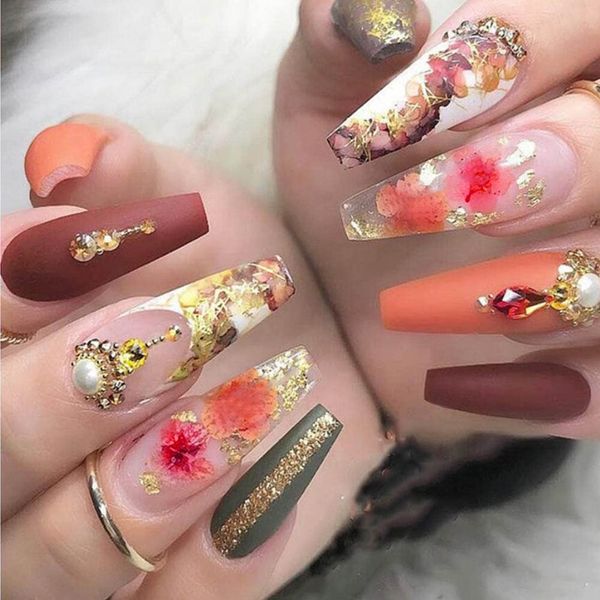 Carufin 24Pcs Crystal Peach Blossom False Nails Long Coffin Nail Acrylic False Nail Press on Nails Ballet Artificial Nail for Women Girls
