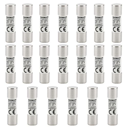 Baomain Fuse Link RT18-32 (RO15 RT14 RT19) 25A Cylindrical Ceramic Tube 10x38mm 500V 100KA CE Listed Pack of 20