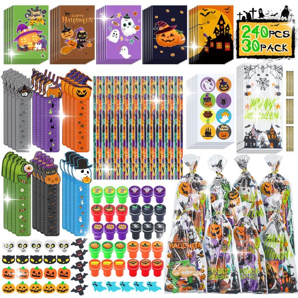 30 Pack Halloween Party Favors Stationery Set for Kids Classroom, 240+ piece Halloween Goodie Bags Fillers Bulk for Trick or Treat Gift with Pencil, Eraser, Notebooks, Stamper, Rulers, Sticker..