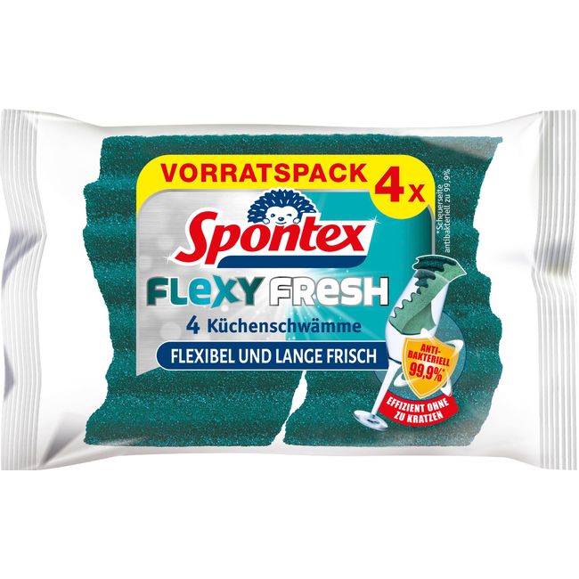 Spontex Flexy Fresh x4, der effiziente Reinigungsschwamm mit antibakteriellem Schutz, flexibel, lange frisch, kratzfrei, 1 x 4 Stück