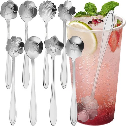 MINGZE 8 Pieces Flower Tea Spoons Set, Tableware Creative Stainless Steel Coffee Spoon Teaspoons, for Coffee Tea Parties, Stirring, Mixing, Sugar, Dessert, Jam, Ice Cream Spoon (Silver)