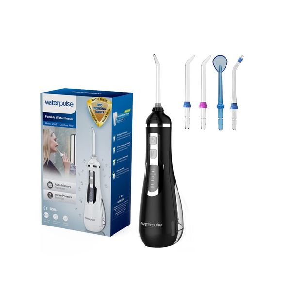 NPO Waterpulse Cordless Water Flosser, Battery Operated & Portable for Travel & Home, V500 (Black)