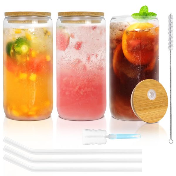 YUEYEE Drinking Glasses,3 Set 500ml Can Shaped Glass with Glass Straws Bamboo Lids,Reusable Iced Coffee Glass Smoothie Cup Glasses Drinking for Soda Water Juice Smoothie Milk Cocktail Whiskey