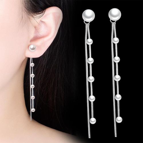 YienDoo Boho Long Pearl Dangle Drop Earrings Vintage Silver Pearl Chain Dangle Earrings Statement Tassel Pearl Dangle Earrings Wedding Prom Pearl Earrings Jewelry for Women and Girls