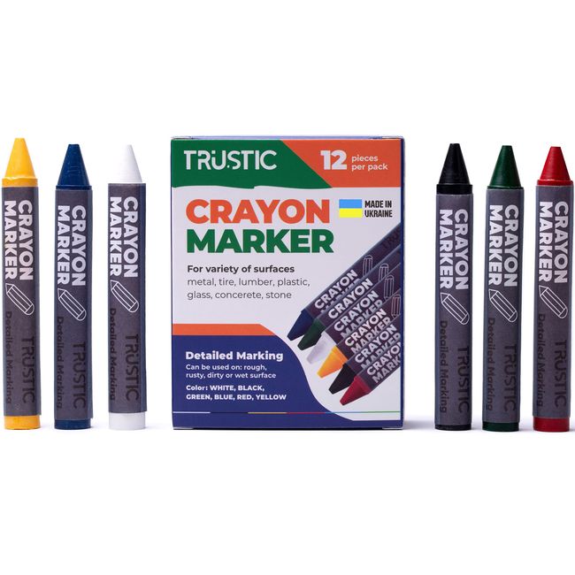 Trustic Universal Crayon Wax Marker for Industrial and Craft Detailed Marking on Lumber Metal Carton Ceramics Concrete Glass Plastic Tire 4 x 1/2", Pack of 12 (Multicolor)