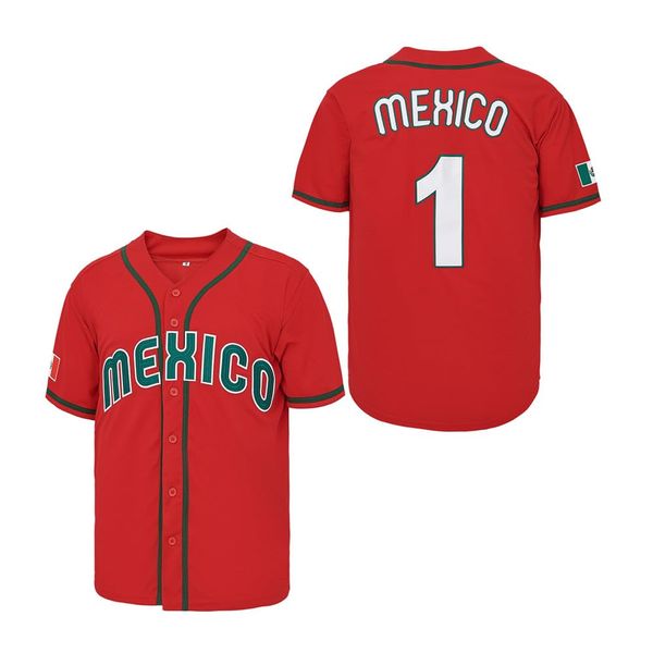 Men's #56#1 Mexico Jersey Button Down Short Sleeve Hipster Hip Hop Baseball Jersey (M, Red #1)