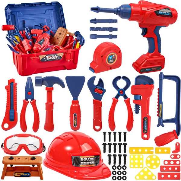 Hydeem Kids Tool Set, 53 Pcs Toddler Tool Kit with Tool Box & Electronic Toy Drill, Pretend Play Construction Toy for Boys Girls 3 4 5 6 Years Old, Birthday