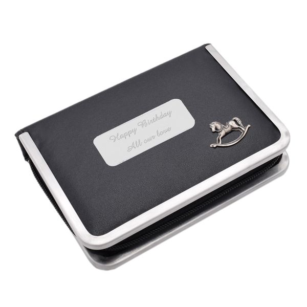 English Pewter Rocking Horse Design Black Leatherette Manicure Set with Personalised Engraved Message