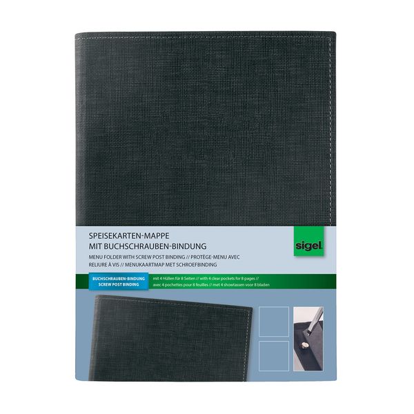SIGEL SM135 Speisekarten-Mappe / Dokumentenmappen mit Buchschrauben-Bindung für A5, schwarz mit edler Leinenstruktur, strapazierfähig und leicht abwischbar