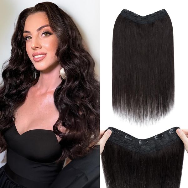 Benehair One Piece Clip in Hair Extensions Real Human Hair 3/4 Full Head V Shaped Weft Thicker Hair Lace Net One Piece Hair Extensions with 5 Clips (14"-55g #1B Natural Black)