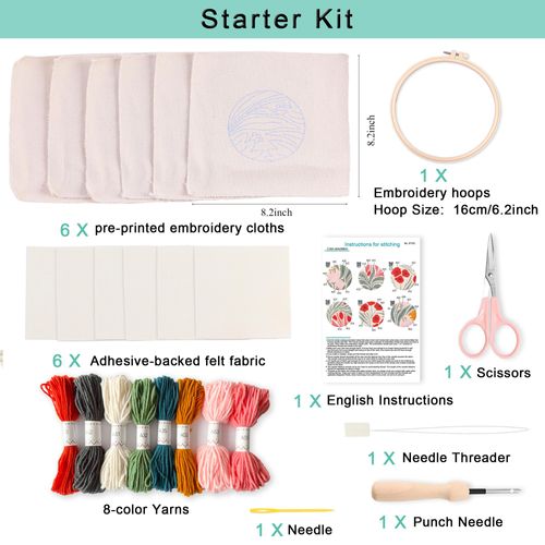 REEWISLY Punch Needle Kits 6pcs for Coaster, Embroidery Hoop, Essential Punch Needle Supplies,Ideal Punch Art for Beginners,DIY Adults Embroidery, Video Teaching (Green)