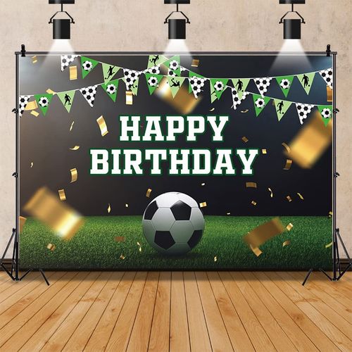 Renaiss 7x5ft Soccer Birthday Backdrop Football Stadium Gold Ribbon Green Grass Flags Photography Background for Kids Boys Newborn Baby Shower Happy Birthday Party Decor Portrait Wallpaper Banner