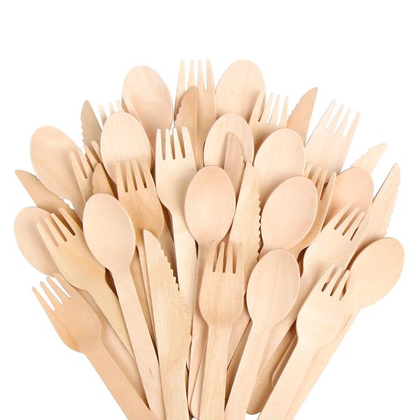 SULOLI Wooden Cutlery Set 60pcs - Eco Friendly, Biodegradable & Plastic Free - Ideal for Wedding, Picnic, Party, Office - Disposable Cutlery Set from Birch 20x Each Forks, Spoons, Knife