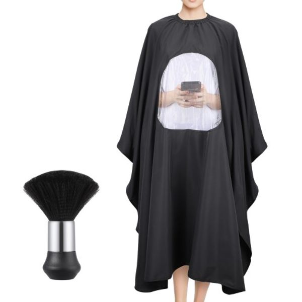 (Segbeauty) Haircut Cape, Cutting Apron, Black, with Transparent View Window, Cleaning Brush, Hair Apron, Self-Cut, Cutting Cloth, Hair Trimming Cloth, for Home, for Children and Adults, for Beauty and Hair Care (Black