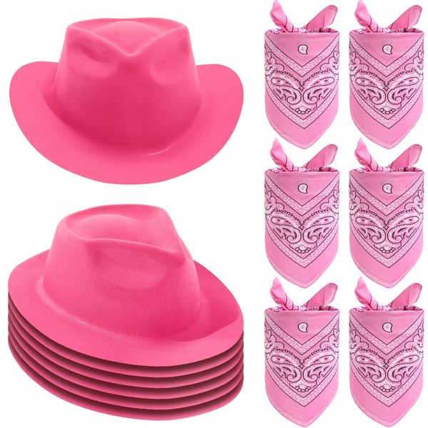 6 Pink Cowgirl and Cowboy Hat and Bandana Set, Texan Western Party Pack with 6 Hats and Bandanas, Adult Kids Girls Party Supplies